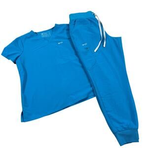 FIGS Scrub Set Women Blue Medical Uniform Catarina Top L/Zamora Pant Jogger XL